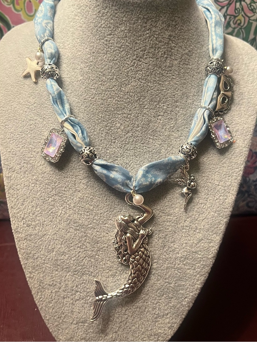 Mermaid Pendant Necklace with Blue Fabric Cord - Brand Unbranded